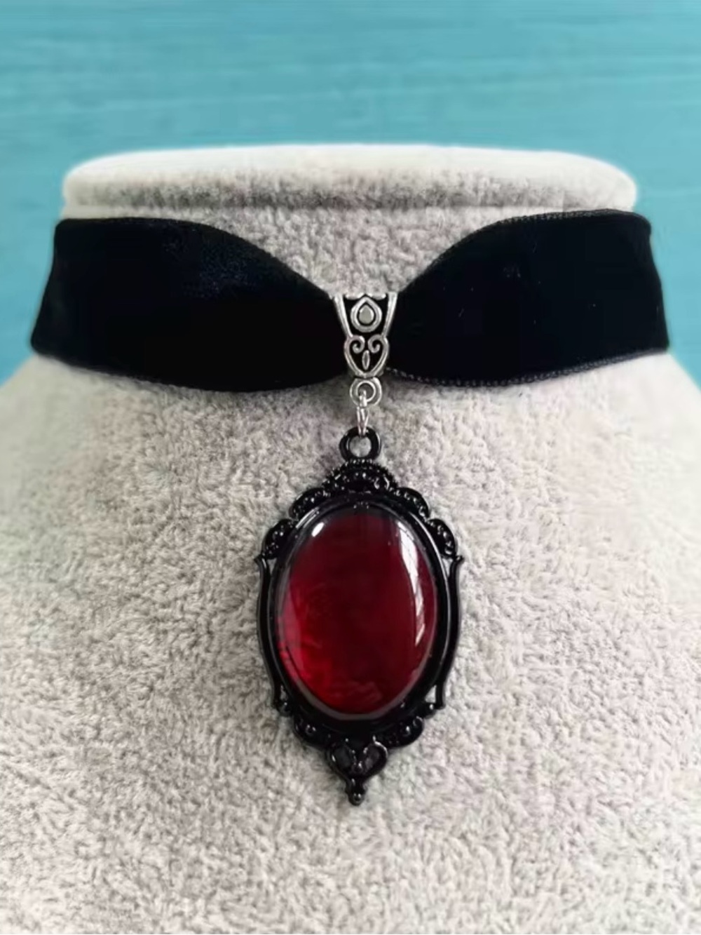 Black Velvet Choker with Deep Red Pendant